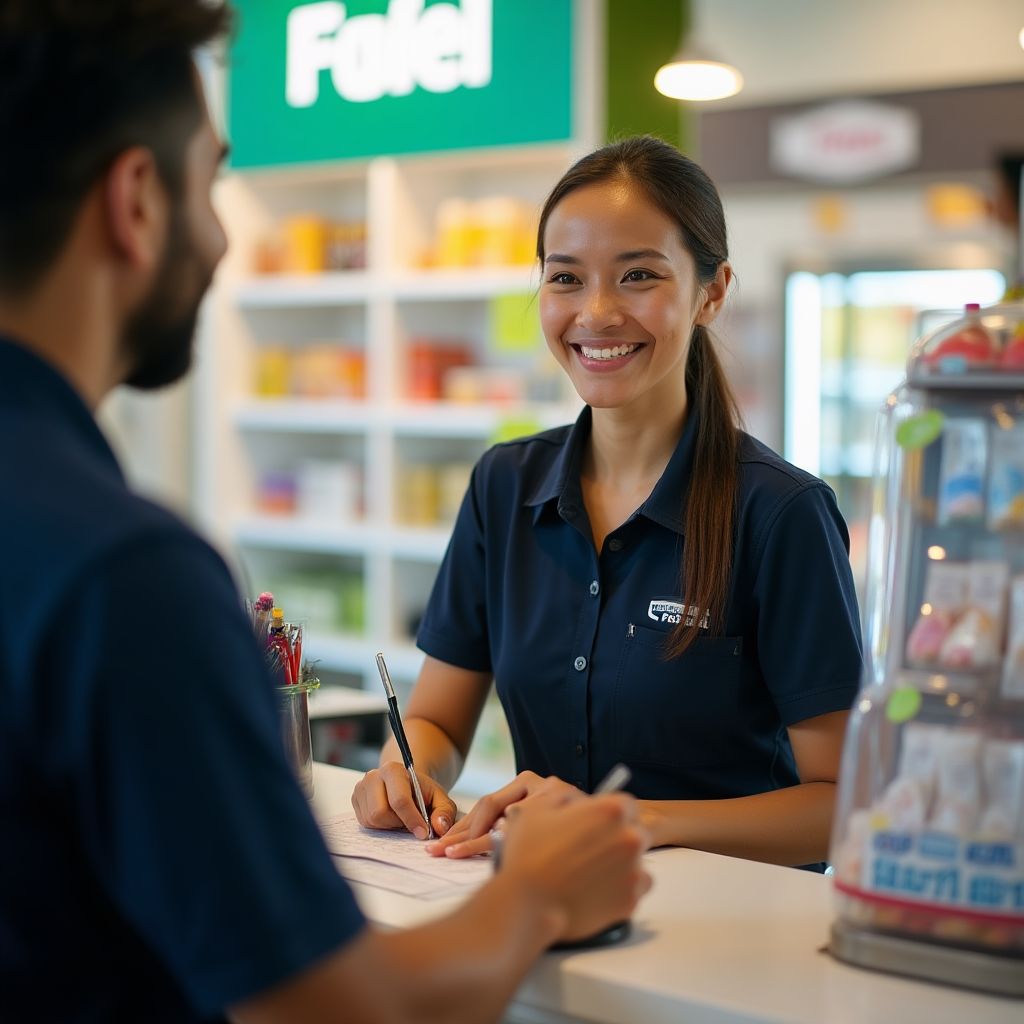 Empleado sonriente atendiendo a un cliente