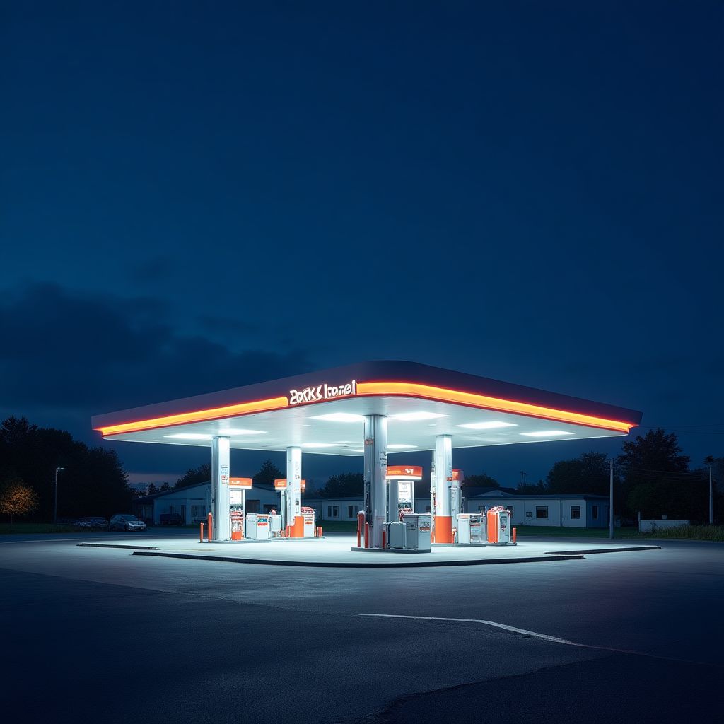 Estación NeoFuel iluminada por la noche